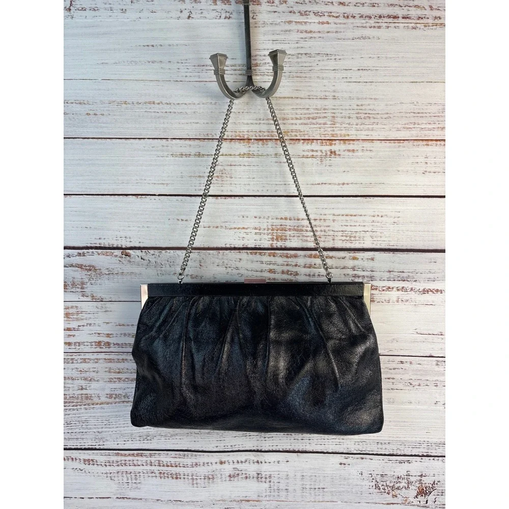 Vintage Talbots Black‎ Leather Gathered Frame Clutch Bag Silver Chain Strap